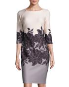 Floral-print 3/4-sleeve Scuba Sheath Dress, Taupe/black