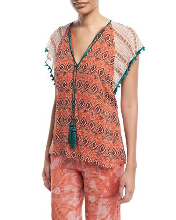 Almasi-print Split-neckline Kimono-sleeve Frill