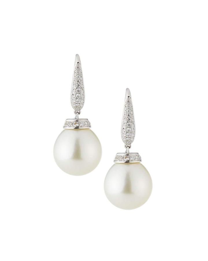 18k Linear Diamond Pearl Drop Earrings