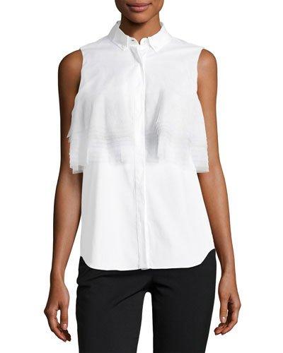 Layered Tulle-detailed Poplin Blouse, White