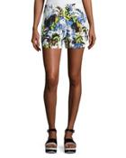 Kiki Palm Drape Shorts, White/blue