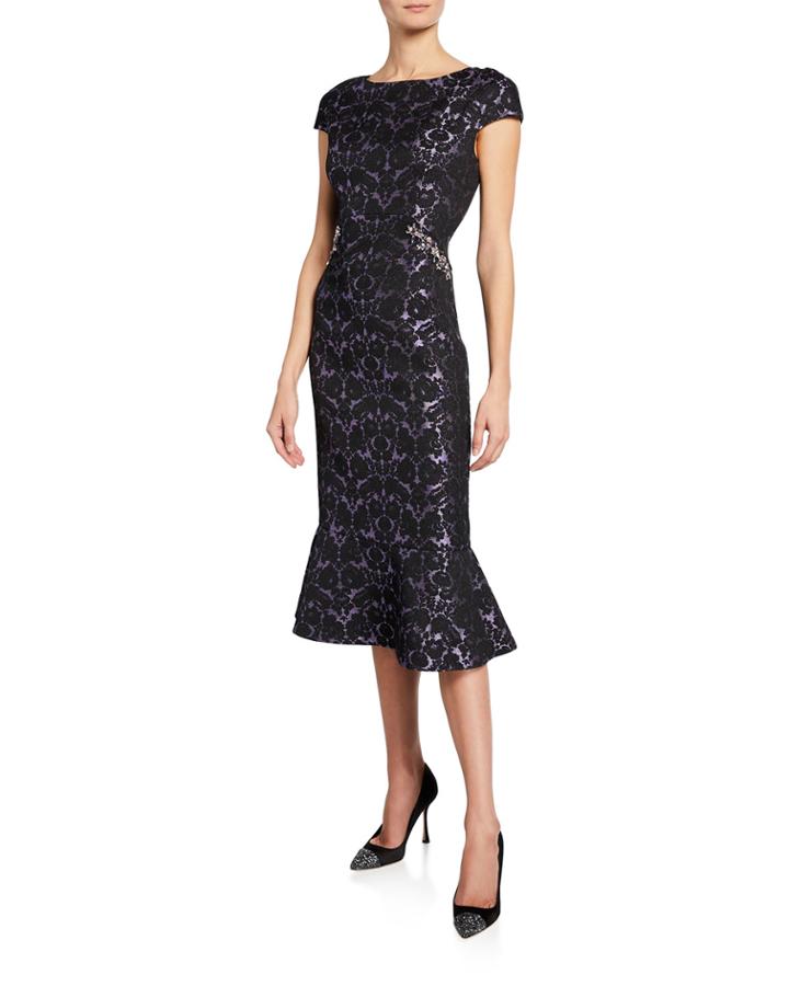 Floral Lame Jacquard Beaded Flounce Dress