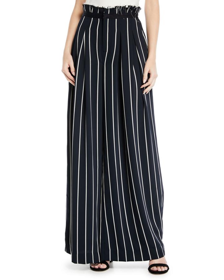 Pinstriped Wide-leg Paperbag Pants, Blue White