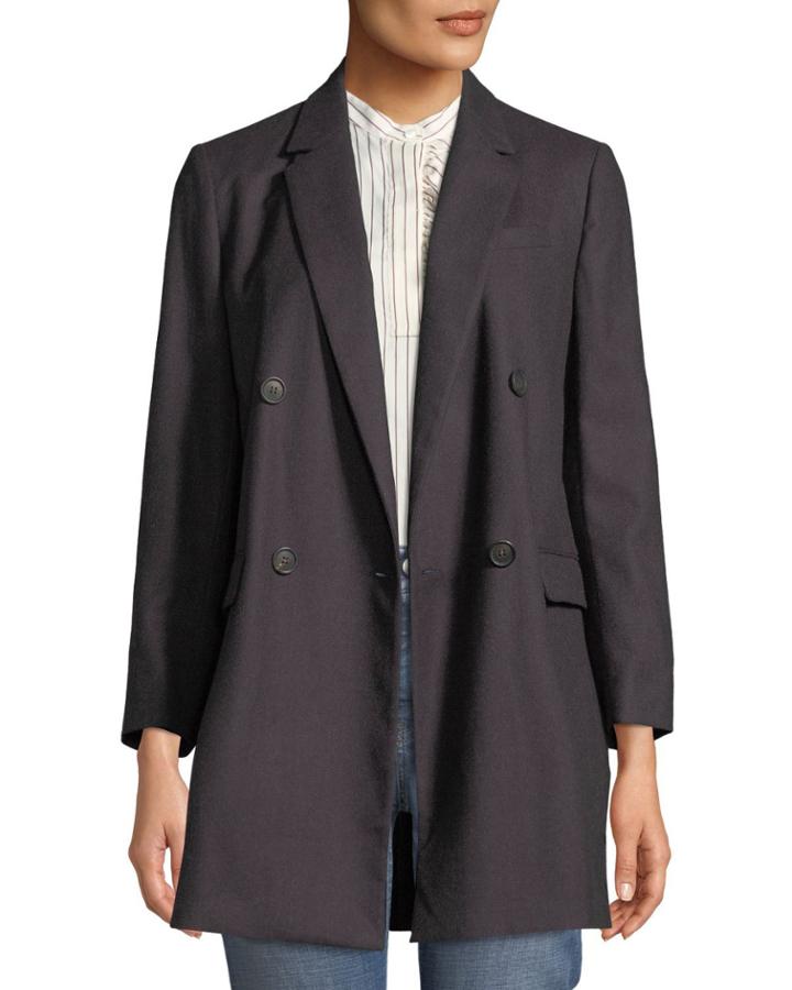 Double-breasted 3/4 Sleeve Wool-blend Jacket, Wine