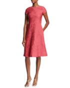 Floral Matelass&eacute; Short-sleeve Dress, Pink