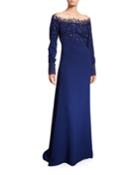 Embroidered-neck Stretch Crepe Gown
