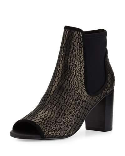 Irita Crocodile-print Peep-toe Bootie, Pewter/black