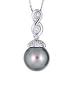 14k White Gold Tahitian Pearl Necklace W/ Diamonds