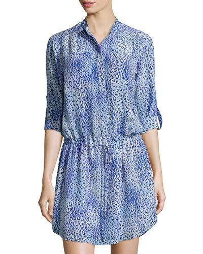 Leopard Fever Tab-sleeve Shirtdress, Blue Crush