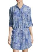 Leopard Fever Tab-sleeve Shirtdress, Blue Crush