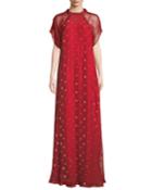 Short-sleeve Rosebud Embroidered Column Silk Evening Gown