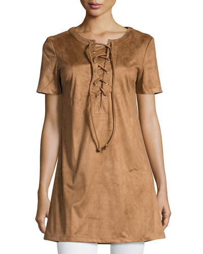 Short-sleeve Lace-up Faux-suede Top