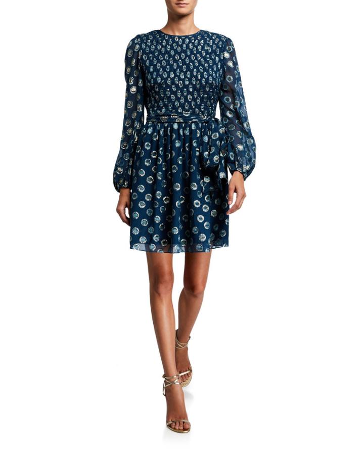 Walker Metallic Clip Dot Blouson-sleeve A-line Dress