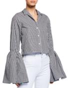 Cropped Bell-sleeve Gingham Button-up Top