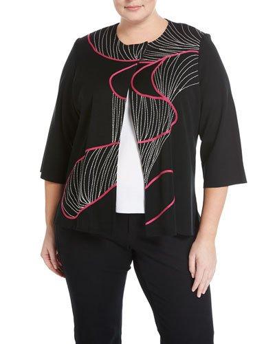 3/4-sleeve Jacket With Embroidery Detail, Black/red