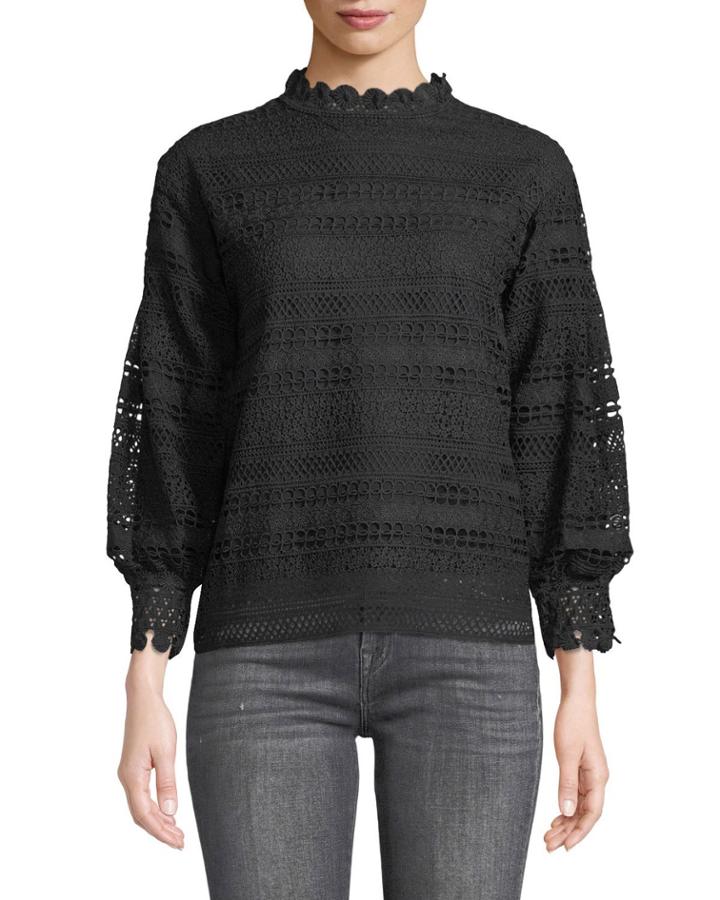 Lace-striped Mock-neck Balloon-sleeve Blouse