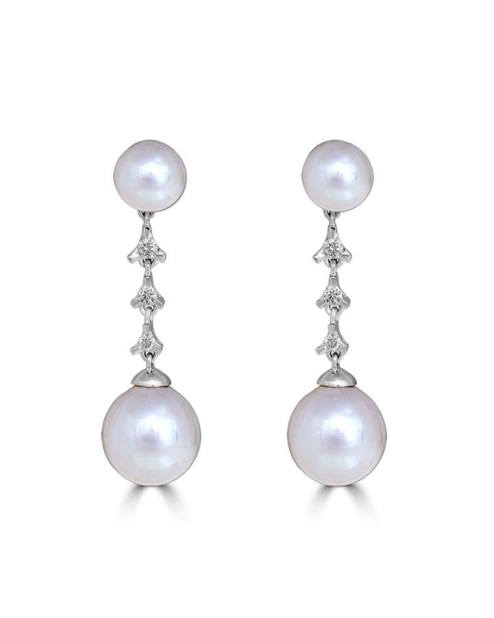 14k White Gold 2-pearl & 3-diamond Earrings