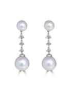 14k White Gold 2-pearl & 3-diamond Earrings