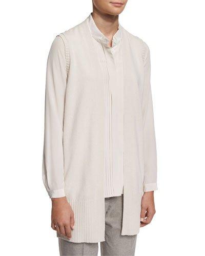 Long Rib-trim Knit Vest, Cream