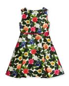 Mikado Flower Jungle Dress W/ Buttons & Pleats,