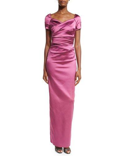 Morna Cap-sleeve Sweetheart-neck Ruched Gown, Cherry Blossom