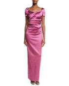 Morna Cap-sleeve Sweetheart-neck Ruched Gown, Cherry Blossom