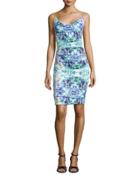 Sleeveless Ruched Water Lily Print Dress