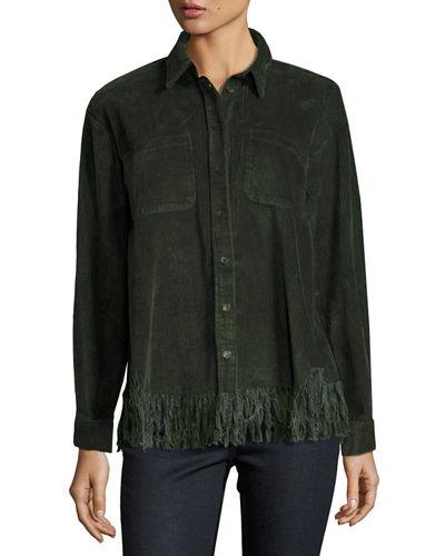 Frayed-hem Button-front Corduroy Top