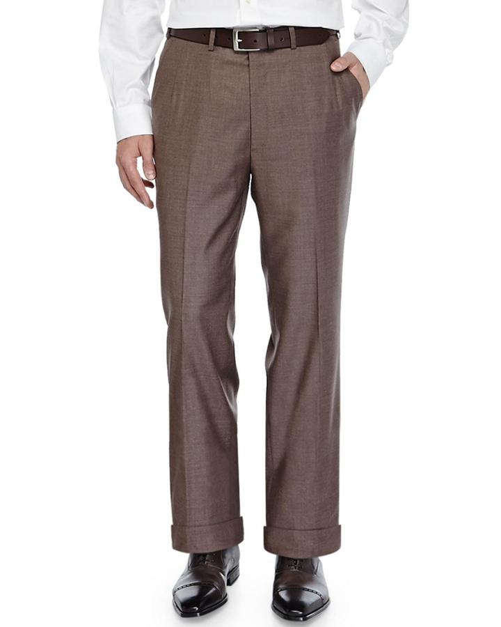 Twill Flat-front Trousers, Brown