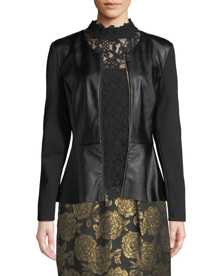 Faux-leather Knit Combo Peplum Jacket