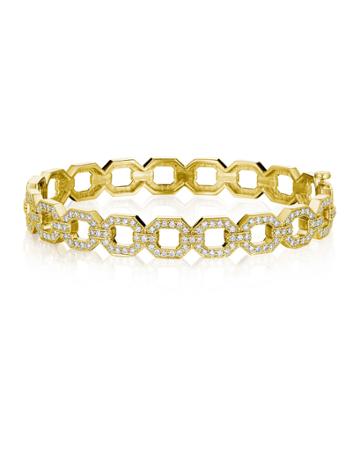 18k Yellow Gold Square Link Bangle With Pattern Continuing All The Way Around
