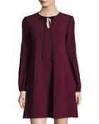 Long-sleeve Crepe Trapeze Dress, Wine