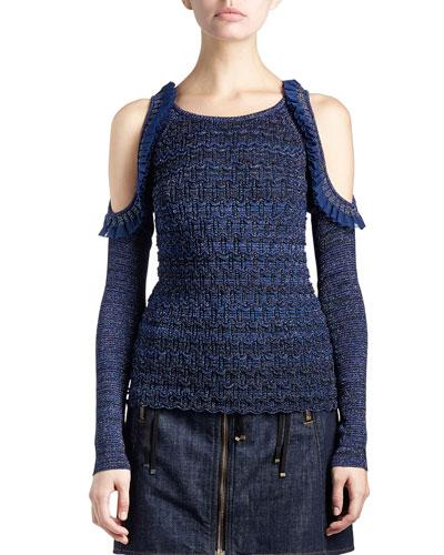 Metallic Cold-shoulder Ruffle-trim Stretch Top, Dark Blue