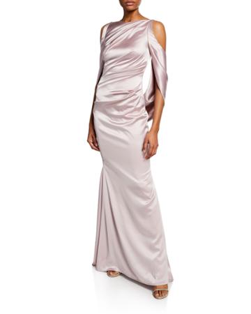 Ponceau High-neck Draped Bodice Shiny & Matte Crepe Satin Evening Gown