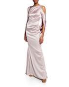 Ponceau High-neck Draped Bodice Shiny & Matte Crepe Satin Evening Gown