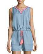 Embroidered Chambray Short Jumpsuit, Soft Denim Blue