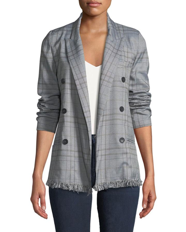 Oversized Fringe-hem Checkered Blazer