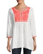 3/4-sleeve Split-neck Tunic, White/orange
