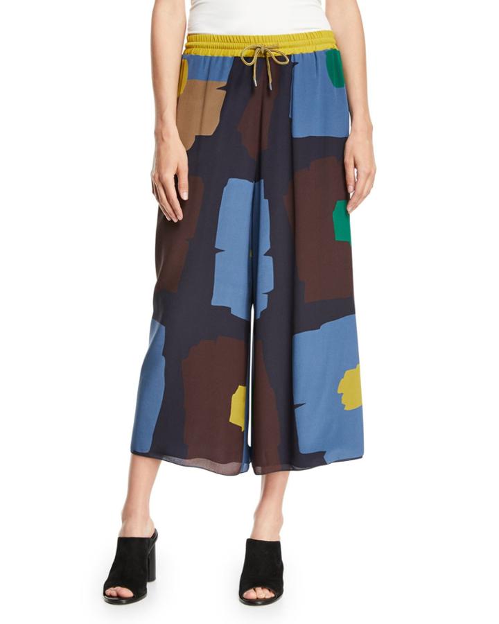 Geometric Floral-print Wide-leg Cropped Drawstring Pants