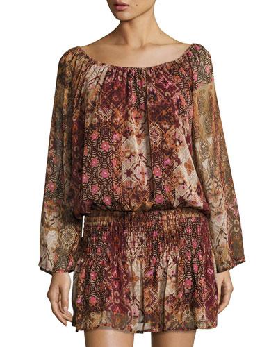 Delia Printed Elasticized Dress, Brown Patter