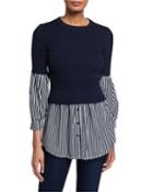 Twofer Wool-blend Sweater & Stripe Shirting Pullover