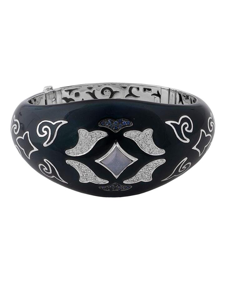 18k White Gold & Enamel Graduated Bangle W/ Diamonds &