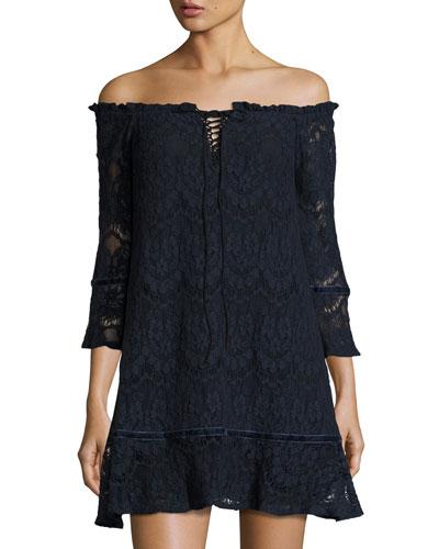 Off-the-shoulder Lace Dress, Navy