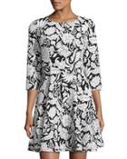 3/4-sleeve Fit-and-flare Dress, Black/ivory
