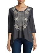 Jwla 3/4-sleeve Sharkbite-hem Embroidered Scoop-neck Tee, Charcoal Gray, Women's, Size: Medium, Charcoal G
