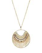 Long Beaded Circle Pendant Necklace, Ivory