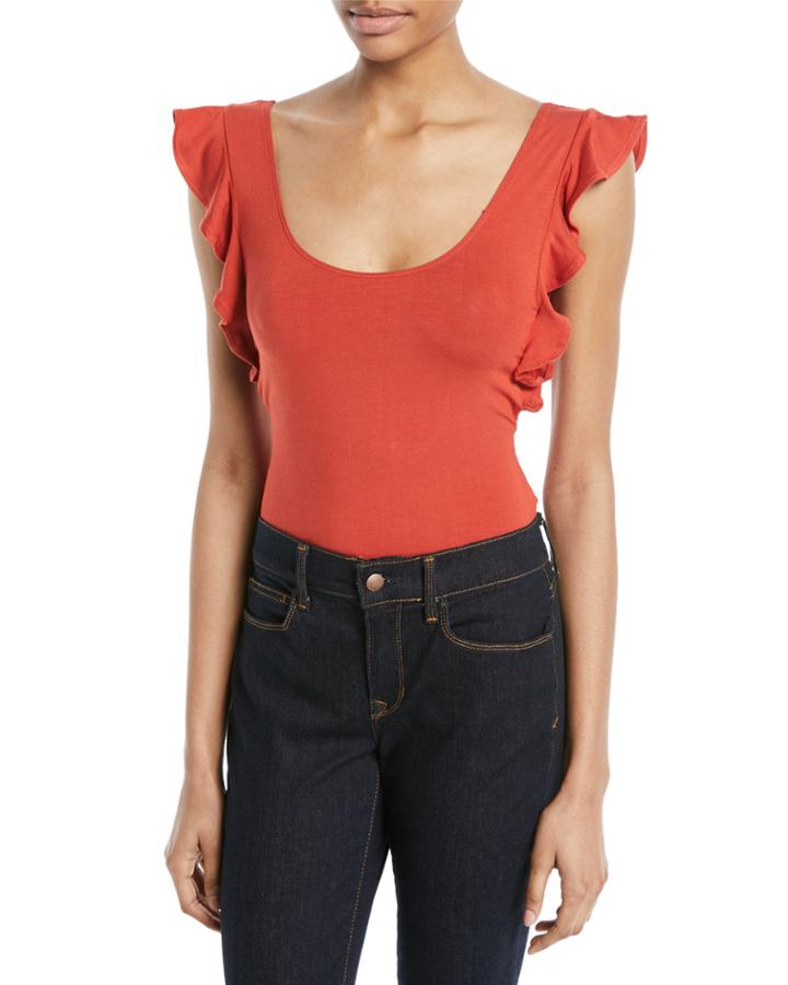 Scoop-neck Open-back Ruffled Bodysuit