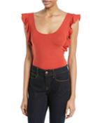 Scoop-neck Open-back Ruffled Bodysuit
