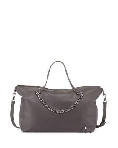 Leather Satchel Bag With Chain Detail, Gravel