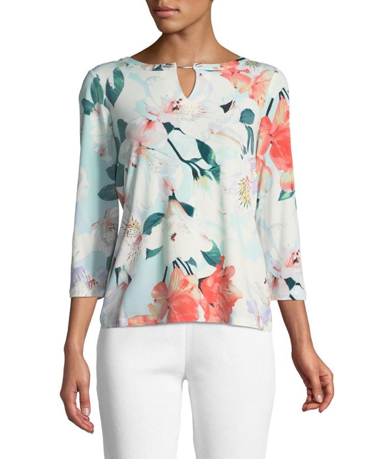 3/4-sleeve Floral Keyhole Blouse